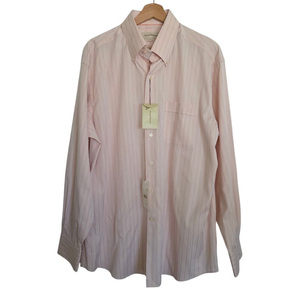 NEW Tommy Bahama Melon Pink Striped Cotton Button Down Shirt Sz 16.5